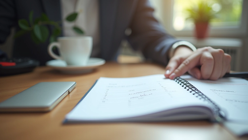 Person working at desk with calendar, notebook, and coffee cup in morning light