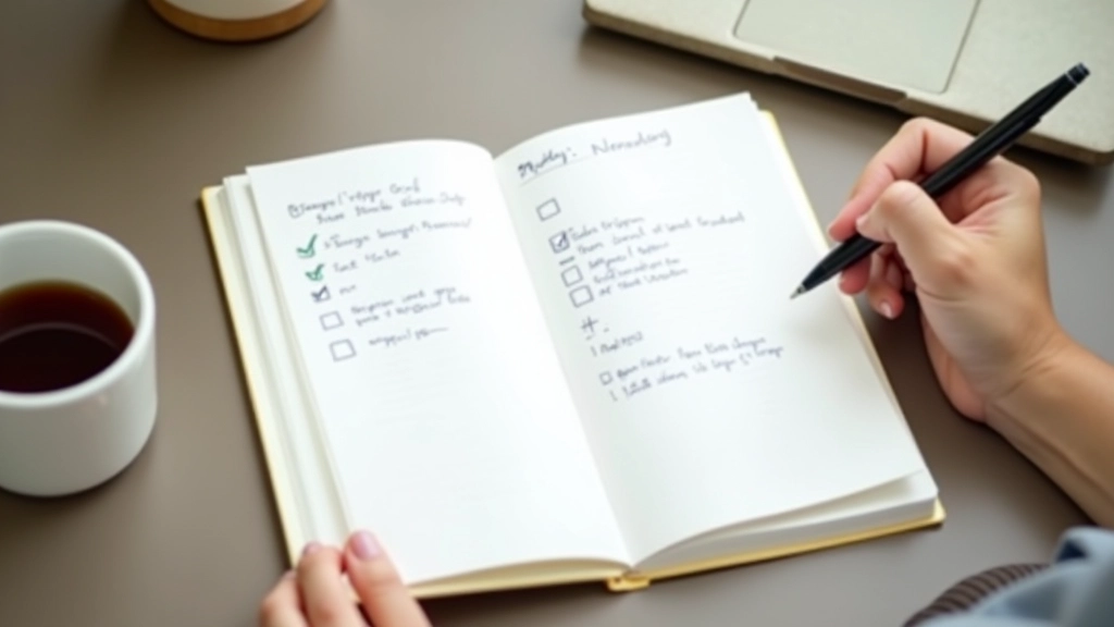 Journal with weekly review notes and reflection with checkmarks and action items