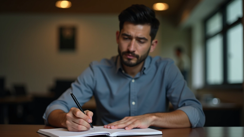 Person at desk with notebook writing weekly priorities and goals with focused expression