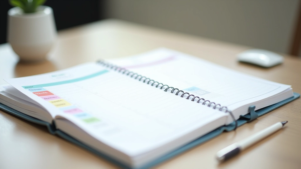 Weekly planner schedule with time blocks marked in different colors on a desk